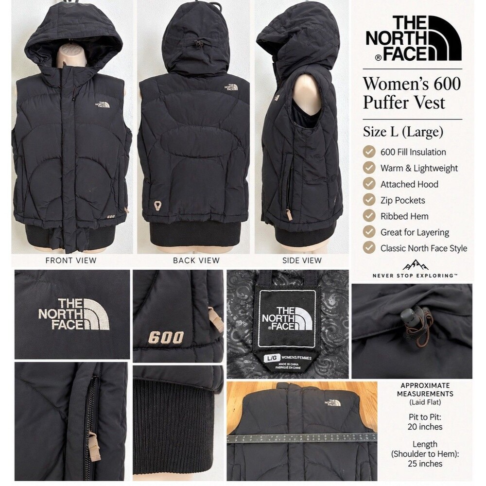The North Face Women's L 600 Down Hooded Puffer Vest Black Vintage 2007 Y2K